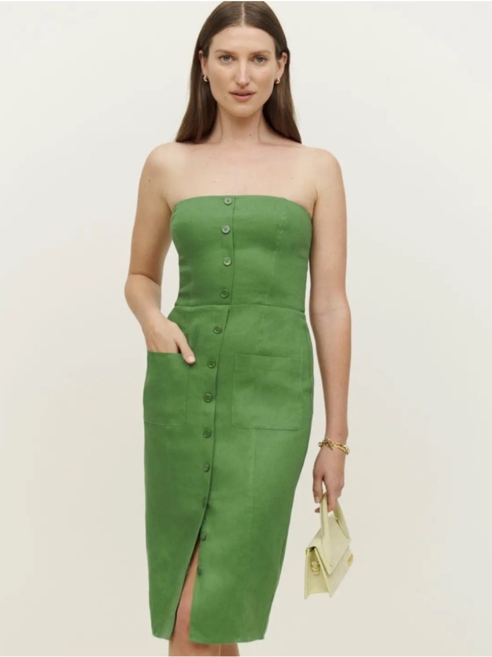 Reformation Prescott Strapless Green Button-Front Linen Midi Dress